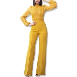Mustard Yellow Wide-Leg Lace-Front Jumpsuit